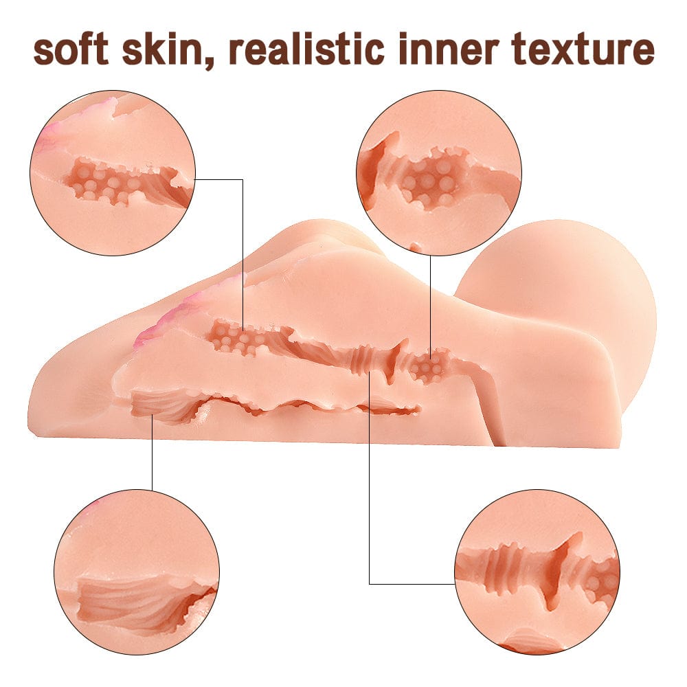 Focusing on the skin detail, the adult doll’s realistic proportions are complemented by its textured surface, enhancing the lifelike feel and visual appeal, especially when posed.