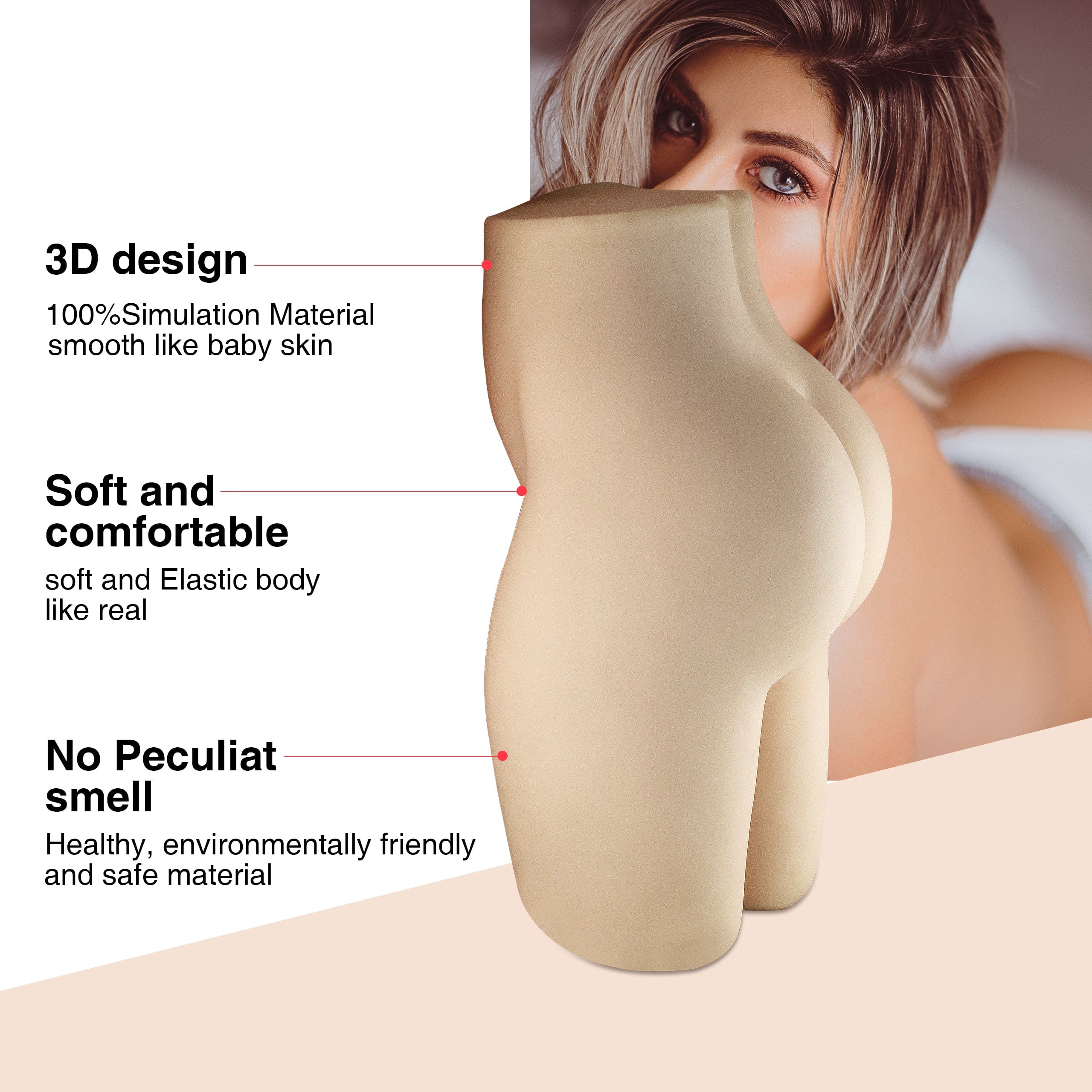 Side view of the elegantly designed adult companion doll torso, revealing its crafted details and elegant contours