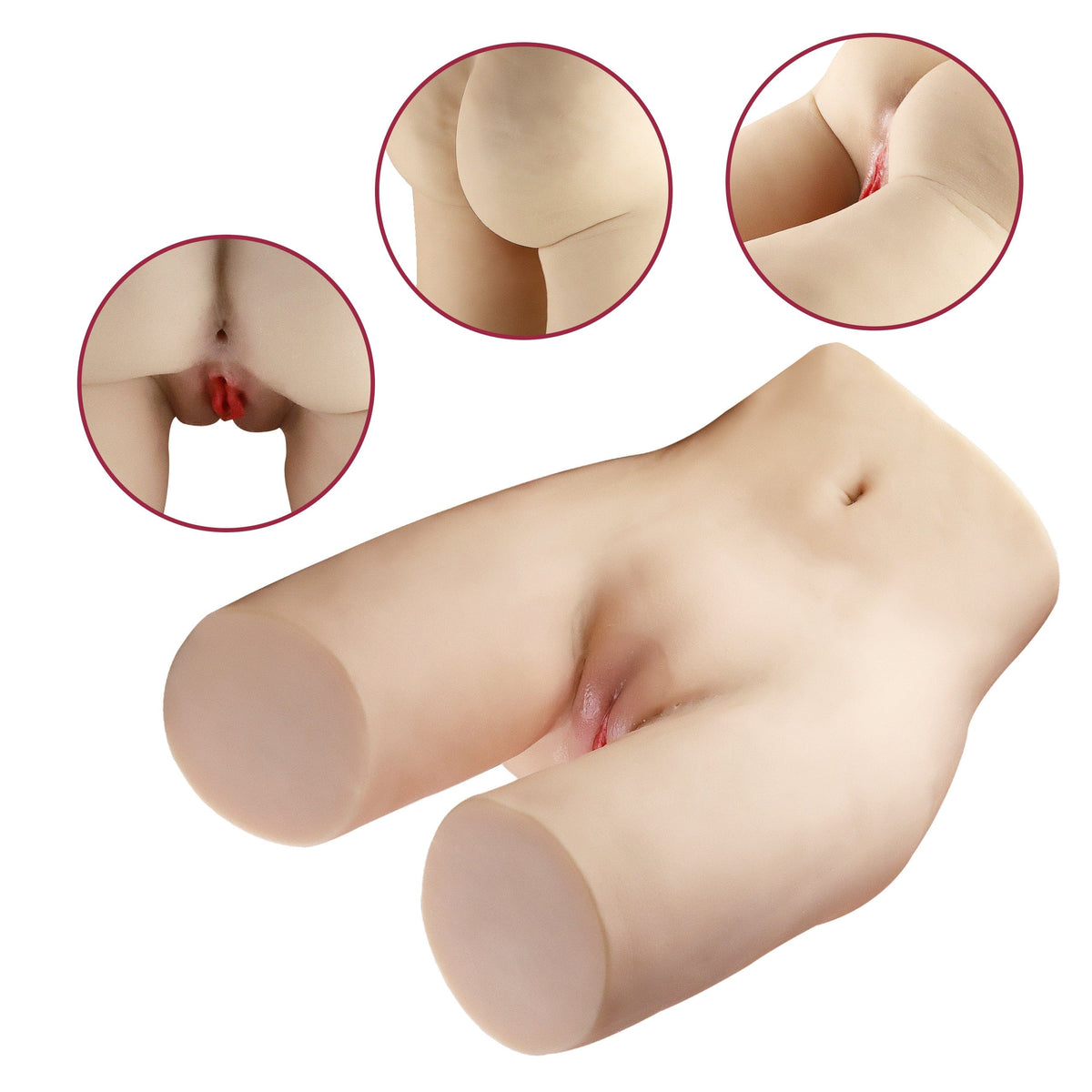 Display of a compact half-body fair-skinned female adult sex doll torso