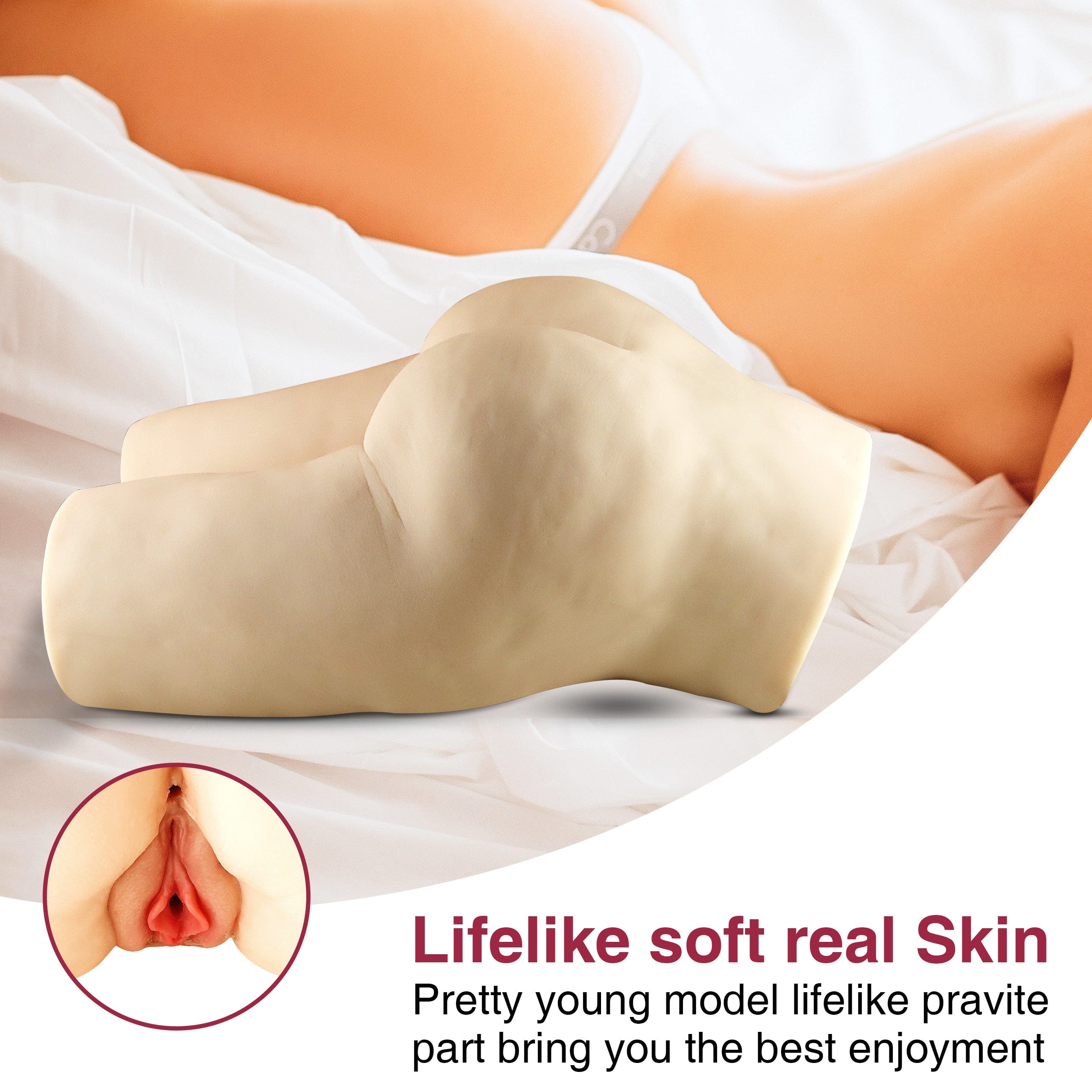 Skin texture display of a compact half-body fair-skinned female sex doll torso