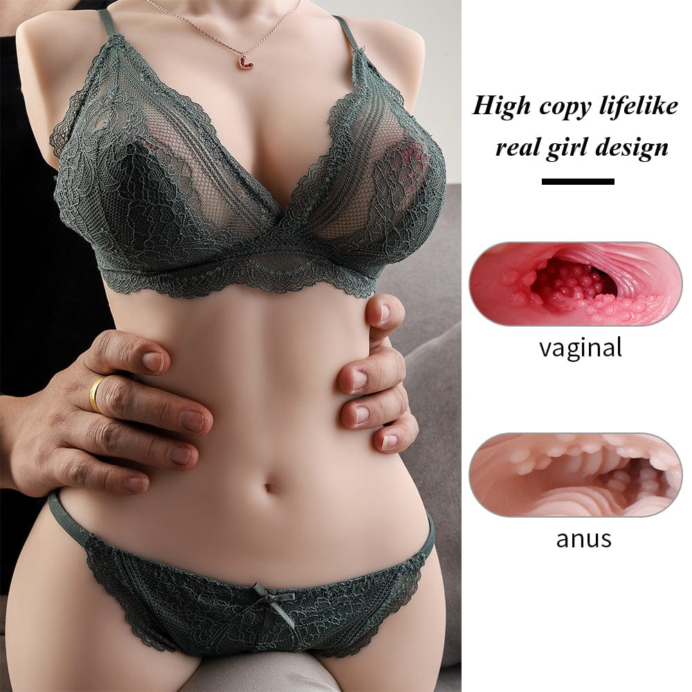 Detailed display of a sensual lace-adorned adult sex doll torso