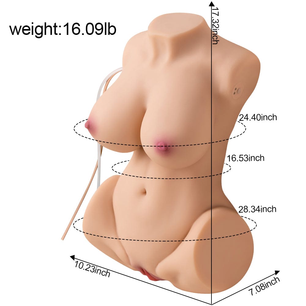 Elegantly designed electric adult companion doll torso with a clear display of its dimensions, emphasizing its lifelike scale