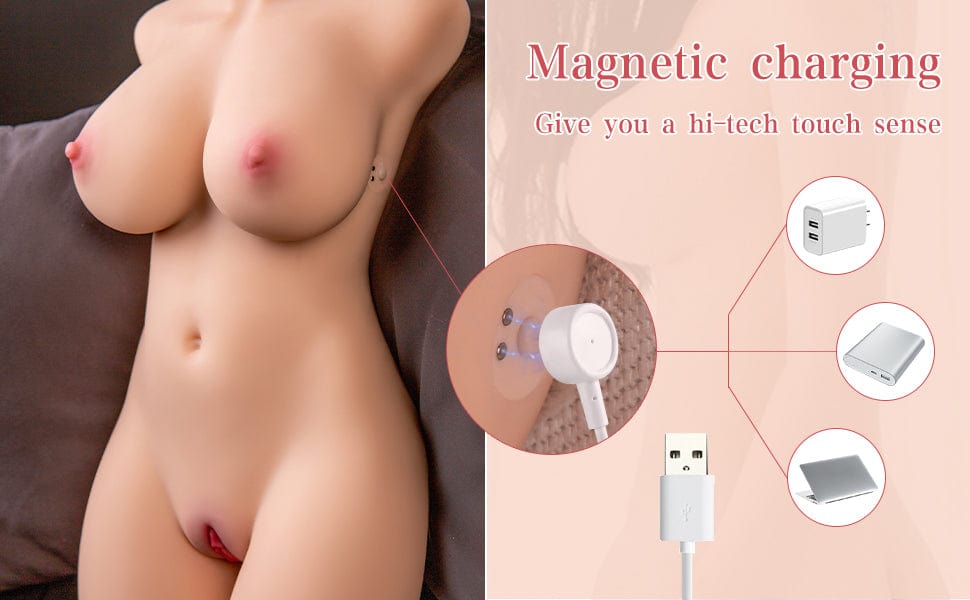 Premium electric sex doll torso figure with elegant detailing, incorporating a convenient USB charging system for easy and efficient power replenishment. Designed for users seeking luxury and ease in their intimate experiences