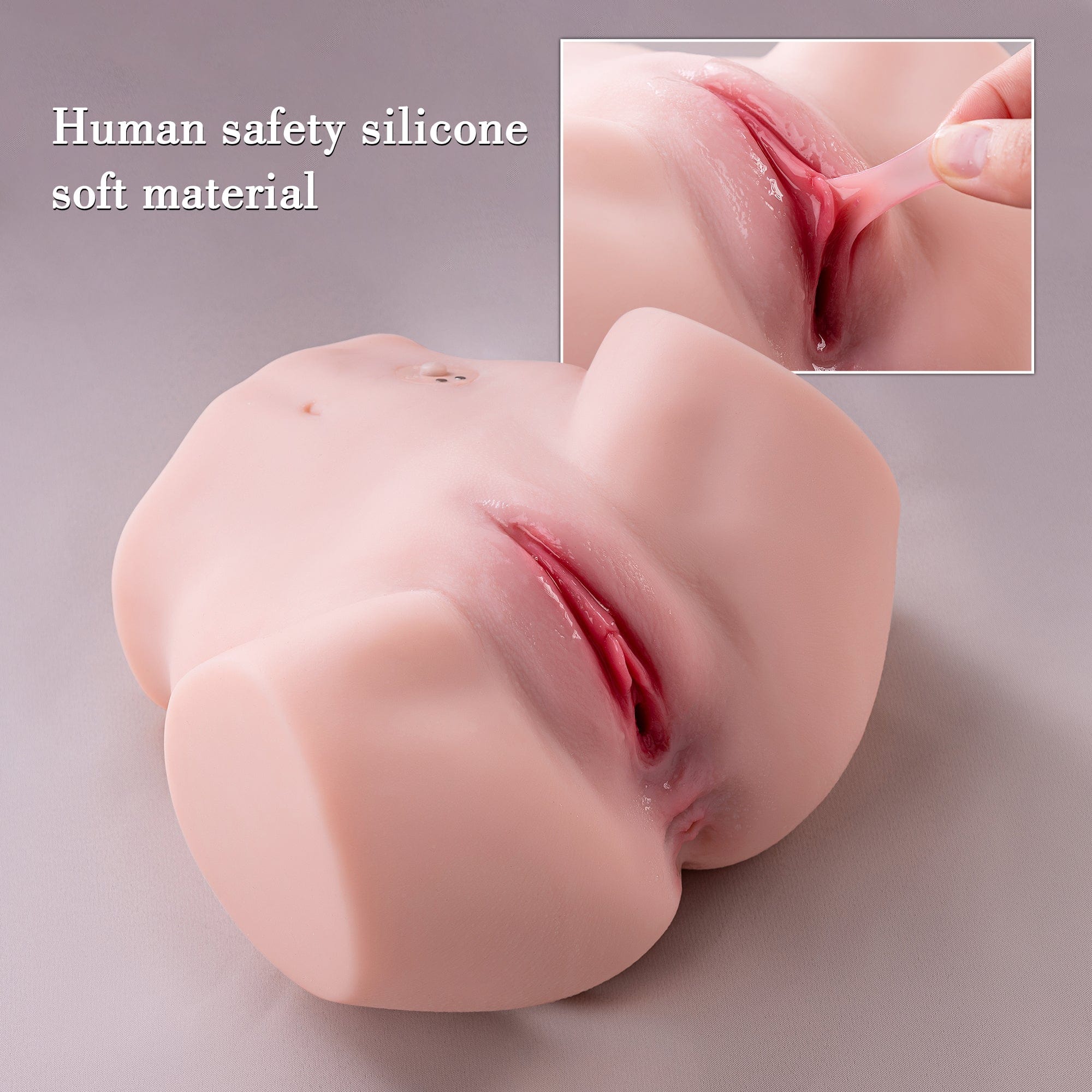 Small-sized lower half adult doll with delicate features made from body-friendly materials