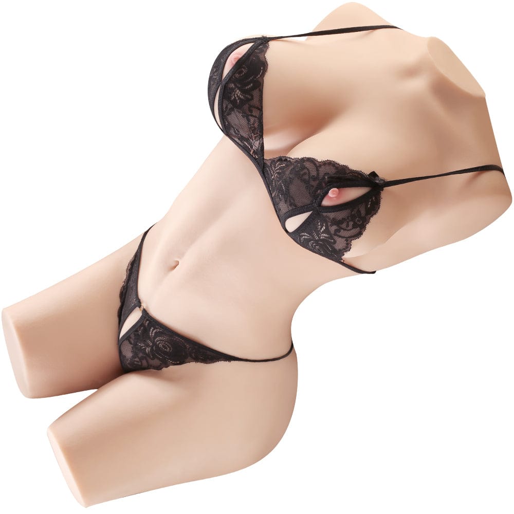 Luxuriously detailed adult companion doll dressed in exquisite black lace lingerie, showcasing fine craftsmanship.