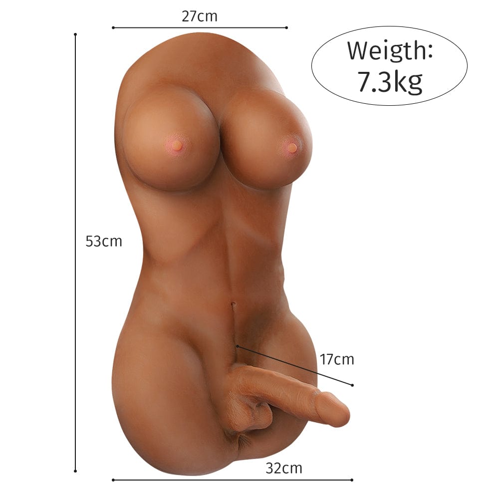 Size demonstration of a dark-skinned adult sex doll torso