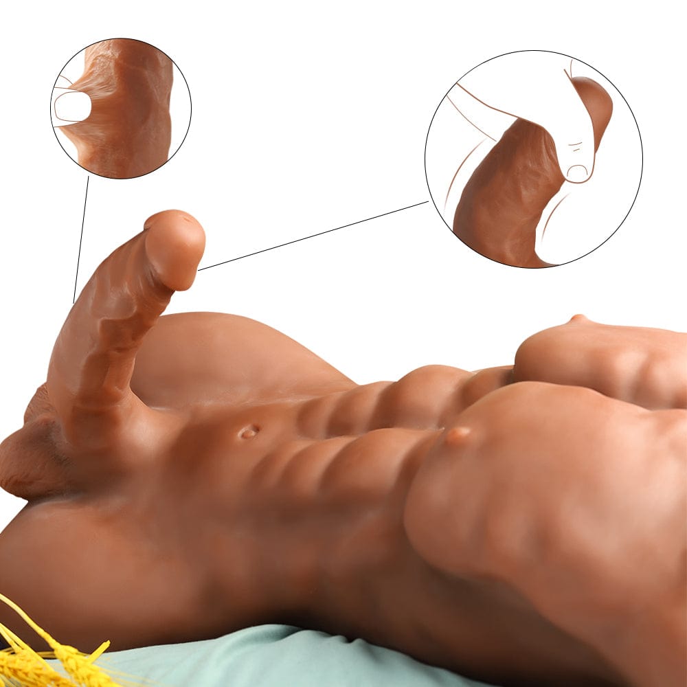 Flexibility demonstration of a robust dark-skinned male sex doll torso