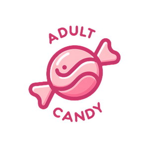 Pink and white logo depicting a stylized candy with the words 'ADULT CANDY' around it, suggesting a playful yet mature brand, set on a clean white background